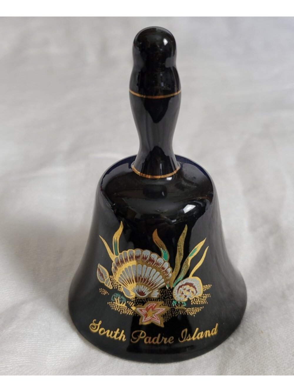 Porcelain South Padre Island Bell black w/gold gild seashells clapper 4" tall